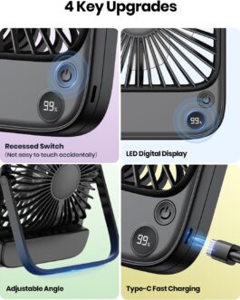 TOPK 5000 mAh Rechargeable Quiet Slim Table Fan with Power, Speed Display, Personal Fan for Office, Travel, Library, Outdoor