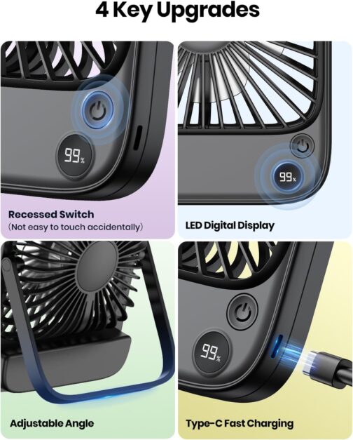 TOPK 5000 mAh Rechargeable Quiet Slim Table Fan with Power, Speed Display, Personal Fan for Office, Travel, Library, Outdoor – Bild 2