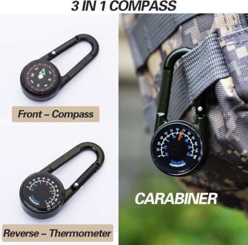 Compass with Carabiner Hook + Thermometer, Multifunctional Portable Metal Carabiner for Camping, Hiking, Travel, 3-in-1 Compass – Bild 2