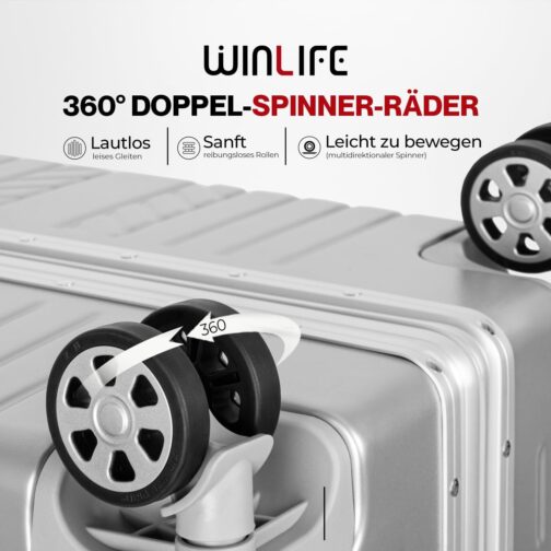 WINLIFE Hard Shell Travel Suitcase M, L, XL, Large Shell ABS Trolley in Silver, TSA Combination Lock, 4 x 360° Double Spinner Wheels, Telescopic Handle, Integrated Cup & Bag Holder, silver, XL – Bild 5