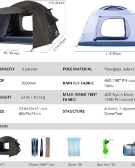 Three Bears Large 6 Person Tent – Windproof and Waterproof, Spacious Family Tent for Car Camping, Hiking and Longer Stays Outdoors