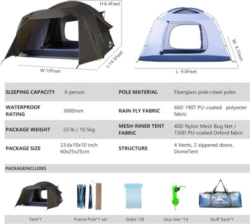 Three Bears Large 6 Person Tent - Windproof and Waterproof, Spacious Family Tent for Car Camping, Hiking and Longer Stays Outdoors – Bild 2