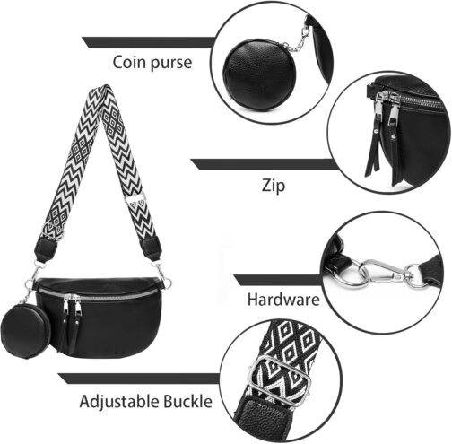 MANNUOSI Bum Bag Women's Leather Crossbody Bag Women's Shoulder Bag Women's Wide Strap Purse Shoulder Bags Fashion Waist Bags Small Modern Wide Shoulder Strap – Bild 5