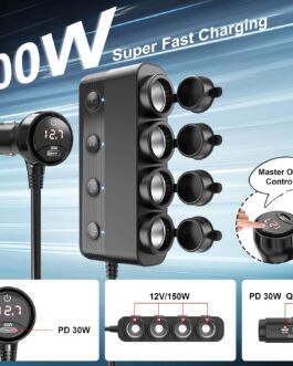 4 Socket Car 12 Volt Splitter 300 W: Double PD30 W Car Cigarette Lighter Adapter DC 12 V USB C Charger Multiple Plug Splitter with Switch LED Volteter for iPhone Seat Heating GPS Camera Sat Nav