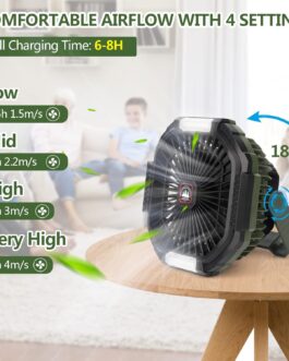 ZWOOS USB Camping Fan, 10400 mAh Rechargeable Table Wall/Quiet Fan with 4 Speed Levels, Adjustable Table Fan with LED Light for Outdoor Picnics, Fishing