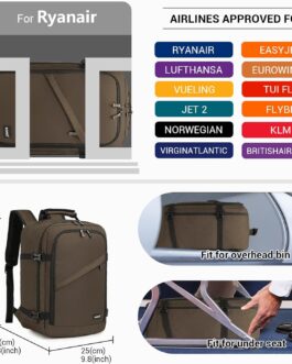 Kono Cabin Bag for Ryanair Underseat Travel Carry-on Backpack, Cabin Size 40 x 20 x 25 cm, 20L, brown, Rucksack
