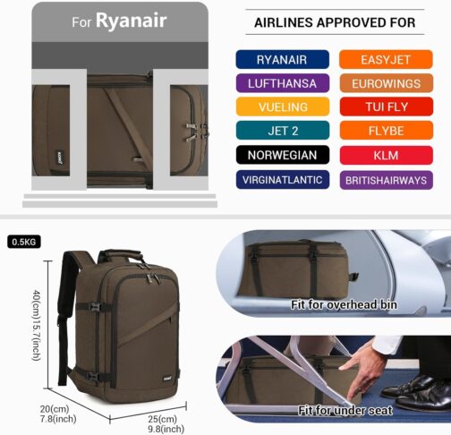 Kono Cabin Bag for Ryanair Underseat Travel Carry-on Backpack, Cabin Size 40 x 20 x 25 cm, 20L, brown, Rucksack – Bild 2