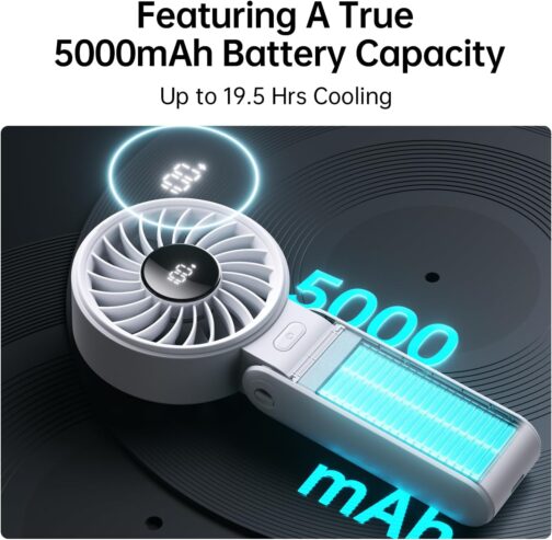 JISULIFE Life7 Handheld Fan, Powerful Portable Fan with LED Display, 19.5 Hours Maximum, 5000 mAh, 3-in-1 Hand/Desk/Neck Fan, Mini Fan for Travel (Grey) – Bild 4