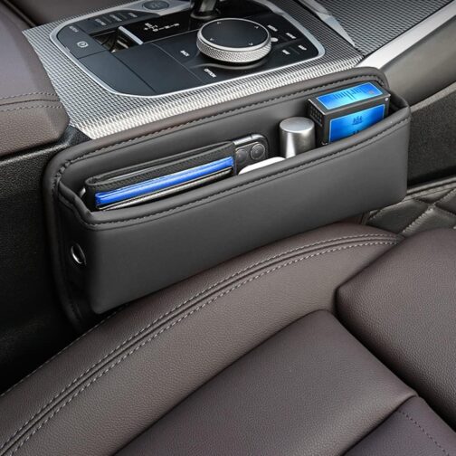 Storage Box for Car Seats, Car Seat Gap Organiser Storage Box Car Centre Console, Car Accessories Front Seats Side Pocket Car Seat Leather Storage Bag for Small Items, Mobile Phones (Black) – Bild 2