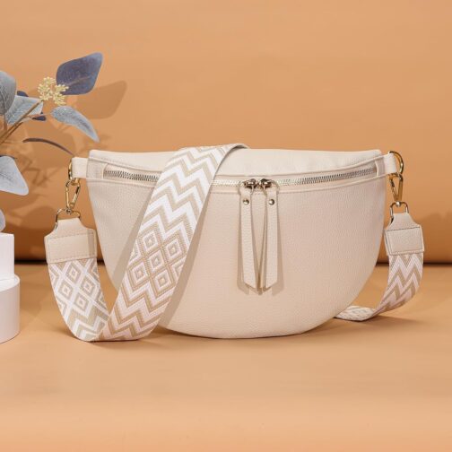 Vezluax 30 x 20 cm Large Bum Bag Women's Vegan Leather Shoulder Bag Women's Crossbody Bag Stylish Belt Bag with Wide Strap, L-beige, Utility – Bild 6