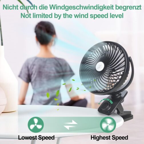 Oscillation Table Fan 10000 mAh Mini USB Fan Continuous Speed Quiet Clip Fan with LED Light, Portable Hanging Hook Camping Clamp Fans 100 Hours Rechargeable, Diameter 18 cm – Bild 4