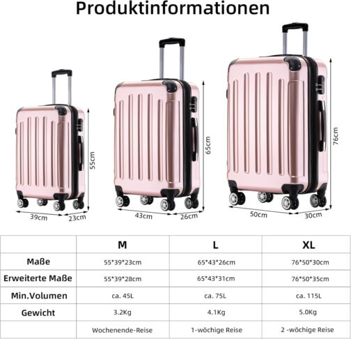 BEIBYE Hard Shell Suitcase, Trolley Suitcase, 4 Twin Wheels, Polycarbonate, Pink-gold – Bild 6