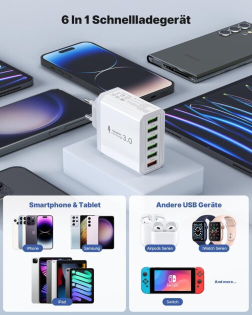 USB Charger, 6 Ports Charging Adapter, 33 W Adapter Charging Plug with QC 3.0 Quick Charger, Multiple, USB Plug Power Supply for iPhone 16 15 14 13 12 11 Pro Max, iPad, Mobile Phone Socket Charger – Bild 6