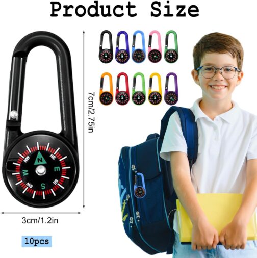 Lucktao 10 x Children's Compass with Carabiner Hook, Multifunctional Portable Colourful Mini Carabiner Key Ring for Camping, Outdoor Activities, Gifts Children – Bild 2