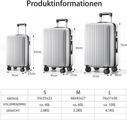 ABISTAB Hand Luggage Suitcase Travel Suitcase Voyager Hard Shell Suitcase Rolling Suitcase Twin Wheels Luggage X-M-L Set, silver, M, Suitcase – Bild 5