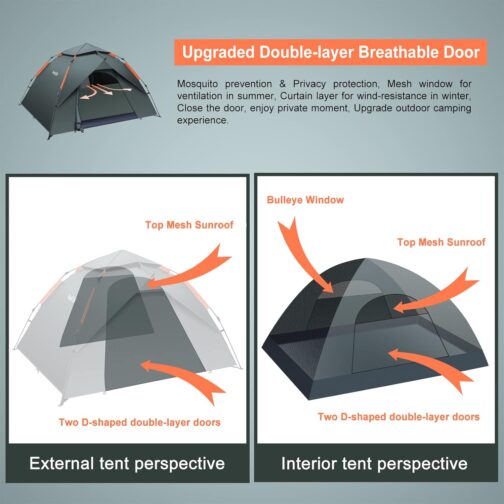 Amflip Camping Tent Automatic 3 Man Instant Tent Pop Up Dome Tent 4 Seasons Waterproof & Windproof Camping Tent with Removable Outer Tent Tarpaulin for Families, Camping – Bild 4