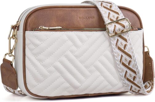 Roulens Quilted Women's Mobile Phone Shoulder Bag, PU Leather Mobile Phone Shoulder Bag, Crossbody Bag for Women with Adjustable Wide Strap, A-beige/brown, Contemporary