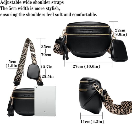 KUNKUN Bum Bag Women's Stylish Crossbody Bag Women's Wide Strap 5 cm Vegan Leather Shoulder Bag Chest Bag Black with Coin Purse, black, bum bag – Bild 3