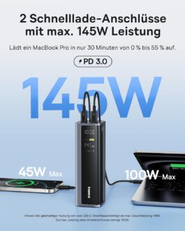 Baseus EnerGeek 145 W 20800 mAh Laptop Power Bank, External Battery with 2 x USB-C PD 3.0 100 W Max Fast Charge, Digital Display, Compatible with MacBook Pro, Dell, HP, SteamDeck, iPhone 16/15/14/13,