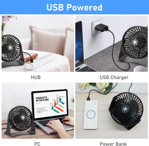 JATEKA Mini USB Table Fan, 3 Speeds Strong Fan with 1.2 m USB Cable, Desktop Quiet Fan 360° Rotation Adjustment, Removable Grid for Office and Bedroom - Black – Bild 4
