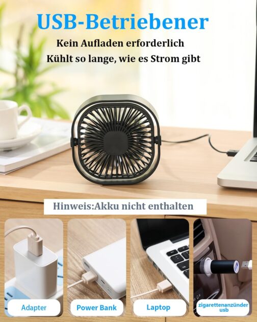 Mini USB Fan, Quiet Small Table Fan, Very Quiet USB Table Fan with 3 Speeds, Office Fan, Portable USB Fan, Desk, Bedroom, Home, Outdoor – Bild 6
