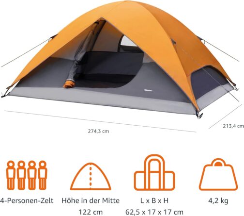Amazon Basics Camping Dome Tent with Rain Cover and Carry Bag, Waterproof 3 Season Tent, Easy to Assemble, 4/8 People – Bild 5