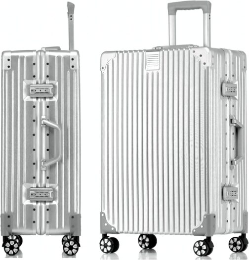 yuweijie Hand Luggage Suitcases & Trolleys Aluminium Frame Hard Shell in Polycarbonate, Travel Suitcase with 4 Wheels, Large Suitcase, TSA Lock, Silver (Aluminium Frame + PC), S, Aluminium hard shell