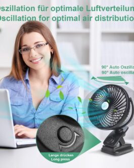 Oscillation Table Fan 10000 mAh Mini USB Fan Continuous Speed Quiet Clip Fan with LED Light, Portable Hanging Hook Camping Clamp Fans 100 Hours Rechargeable, Diameter 18 cm