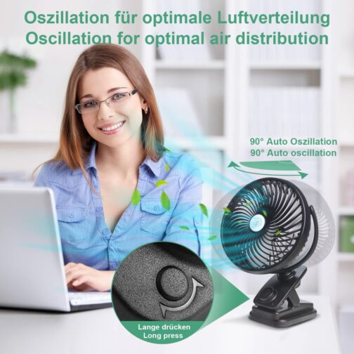 Oscillation Table Fan 10000 mAh Mini USB Fan Continuous Speed Quiet Clip Fan with LED Light, Portable Hanging Hook Camping Clamp Fans 100 Hours Rechargeable, Diameter 18 cm – Bild 2