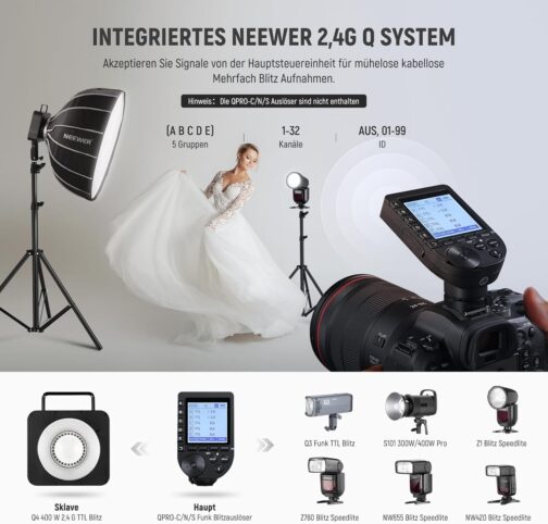 NEEWER Q4 400 Ws 2.4G TTL Studio Flash (New Look), 1/8000 HSS 2800mAh Battery Operated Flash Light Photography Monolight 30W Setting Lamp/400 Full Power Flash/0.01-1.2s Recycling/Bowens Mount – Bild 8