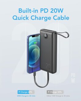 VRURC Powerbank 20000 mAh with Cable USB C Power Bank Fast Charging 22.5 W Portable Charger Fast Charging with LED Display External Mobile Phone Batteries Compatible with iPhone, Huawei, Samsung etc