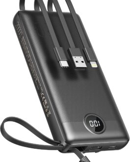 VEEKTOMX Powerbank 20000 mAh with Cable USB C Portable Charger 5 Outputs LED Display External Mobile Phone Batteries Compatible with iPhone, iPad, Samsung, Huawei, Xiaomi, OnePlus etc.