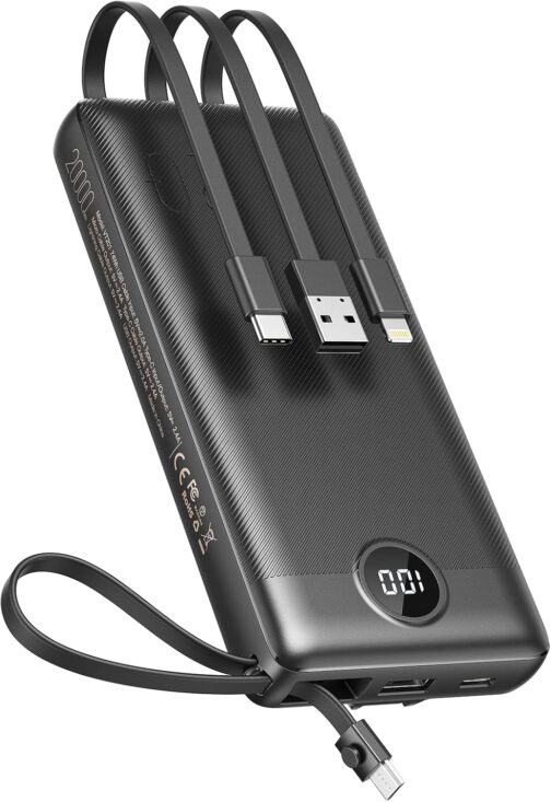 VEEKTOMX Powerbank 20000 mAh with Cable USB C Portable Charger 5 Outputs LED Display External Mobile Phone Batteries Compatible with iPhone, iPad, Samsung, Huawei, Xiaomi, OnePlus etc.