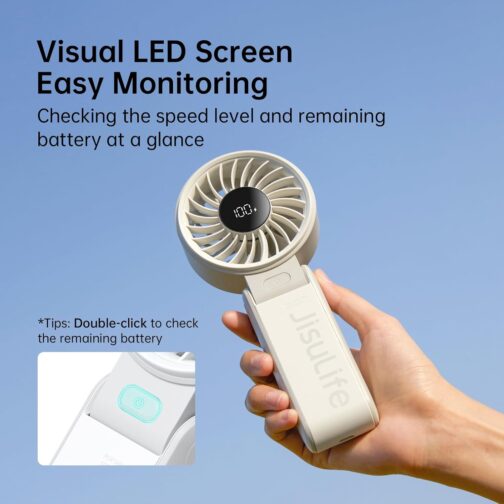 JISULIFE Life7 Handheld Fan, Powerful Portable Fan with LED Display, 19.5 Hours Maximum, 5000 mAh, 3-in-1 Hand/Desk/Neck Fan, Mini Fan for Travel (Grey) – Bild 5