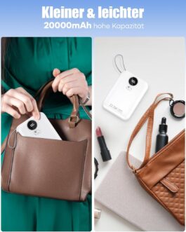 20000 mAh Power Bank with Integrated Cable: 22.5 W Fast Charging External Battery for Mobile Phone, USB C (Input & Output) Battery Pack, Power Bank with 4 Outputs & 2 Inputs 20000 mAh Power Bank