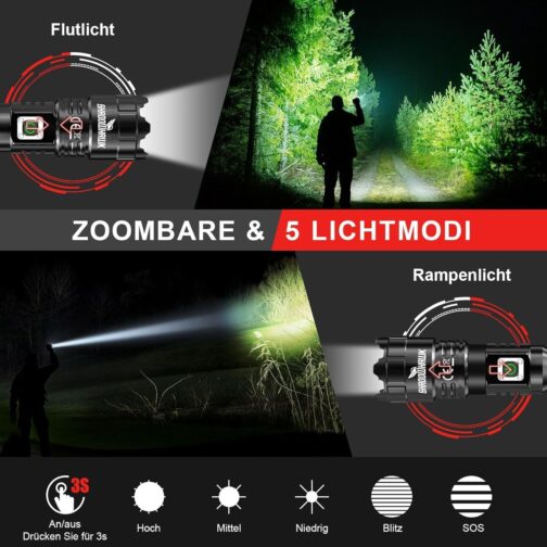 Shadowhawk LED Torch Rechargeable, Extremely Bright 500,000 Lumen Torches, Battery Operated USB, XHP70.2 Tactical Torch, IP67 Waterproof, 5 Light Modes, Zoomable for Camping, Hiking, Emergencies – Bild 3