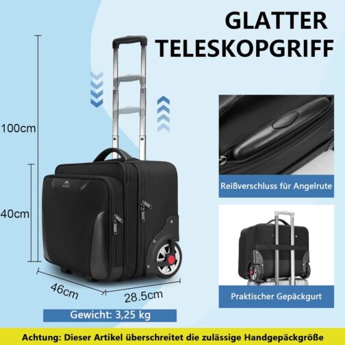 MATEIN Business Trolley with Large Wheels, Laptop Trolley 17.3 Inch with 3 Packing Cubes, Pilot Case with Wheels, Waterproof, Briefcase with Wheels for Men, Travel, Work, School, Black – Bild 4