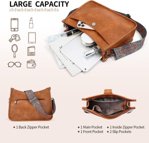 APHISON Shoulder Bag Women's Handbag Medium Crossbody Bag with Wide Strap Hobo Bag Shoulder Bag Vegan Leather Bag 2 Shoulder Straps Card Slot Travel Bag, 03-brown – Bild 4