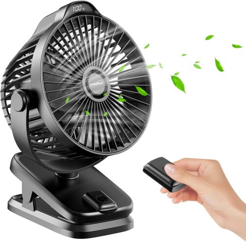 8000 mAh Mini USB Clip Fan Battery, 13 cm Small Table Fan with Remote Control, 5-Speed, LED Display, 360° Rotation, Rechargeable Battery, Portable Table Fan for Home, Office, Camping, Pushchair