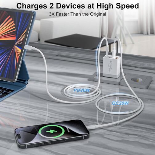 USB C Ladegerät, 40W 4-Ports Mehrfach Ladegerät mit USB-C und USB A, Schnellladegerät PD 3.0 Power Adapter USB Netzteil Stecker für iPhone 16/15/14/13/12/11/Pro Max/XS/XR, iPad Samsung Galaxy S25 – Bild 2