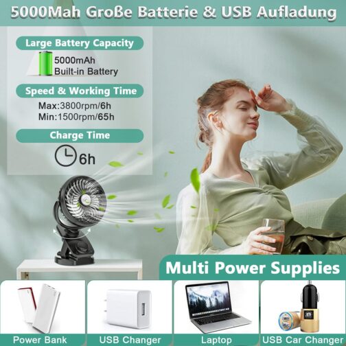 Improved Mini USB Clip Fan with 5000 mAh 2-in-1 Table Fan Clip Fan, Car Oscillating Quiet Continuous Speed USB Rechargeable Portable Fan for Office Camping Diameter 14.5 cm – Bild 6