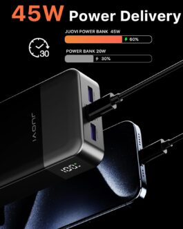 JUOVI Portable Power Bank J2621, 20000 mAh Battery Pack, 45 W Fast Charging Function, Compatible with Switch, MacBook, Tablet, Dell, HP, Notebook, Samsung, iPhone 16 15 14 13, Steam Deck and More