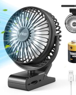 lynker Mini USB Clip Fan 10000 mAh, 12-40h, 3-in-1 Clip Fan Table Fan Hanging Fan with LED Light, Quiet Camping Fan, 360° Rotation, 3 Speeds for Office, Trips