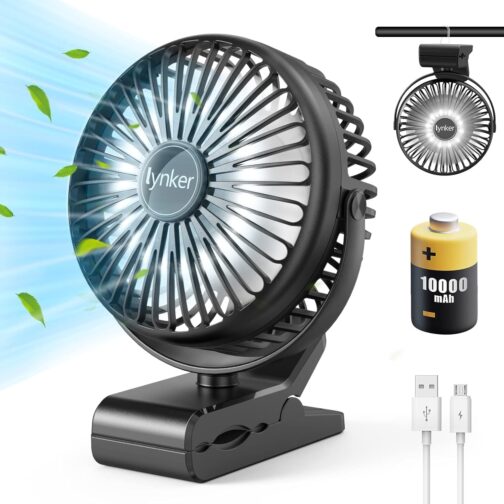 lynker Mini USB Clip Fan 10000 mAh, 12-40h, 3-in-1 Clip Fan Table Fan Hanging Fan with LED Light, Quiet Camping Fan, 360° Rotation, 3 Speeds for Office, Trips