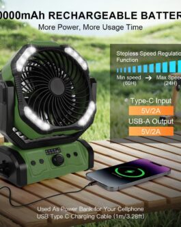 ELZO 20000 mAh Camping Fan, Rechargeable Table Fan, USB Fan with LED Light & Hook, 270° Rotation with Remote Control, Clip Fan for Outdoor Camping Power Outage Fishing Hurricane