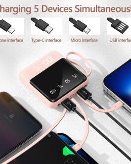 Portable 10000mAh Mobile Phone Charger with Built-in Cables and Torch, External Power Bank Battery, Compatible with iPhone, Samsung, Google, LG, iPads and More (Pink)