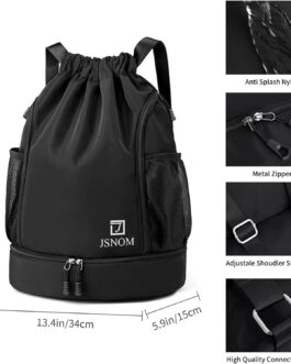 JSNOM Gym Bag Sports Bag Men Women: Backpack Bag Drawstring Waterproof Large with Outer Pocket Zip Inner Pocket for Teenagers Boys Girls Men Women (Black)
