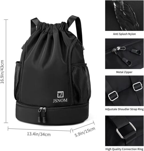 JSNOM Gym Bag Sports Bag Men Women: Backpack Bag Drawstring Waterproof Large with Outer Pocket Zip Inner Pocket for Teenagers Boys Girls Men Women (Black) – Bild 2