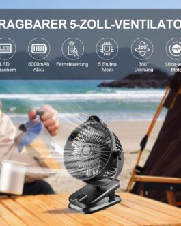8000 mAh Mini USB Clip Fan Battery, 13 cm Small Table Fan with Remote Control, 5-Speed, LED Display, 360° Rotation, Rechargeable Battery, Portable Table Fan for Home, Office, Camping, Pushchair
