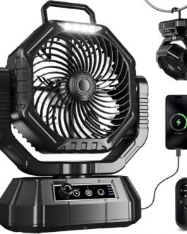 VTHW Camping Fan, 20000 mAh Rechargeable Fan with LED Light & Hook, 270° Rotation, Continuous Speed, Timer Mode, USB Table Fan for Indoor Outdoor (Black)